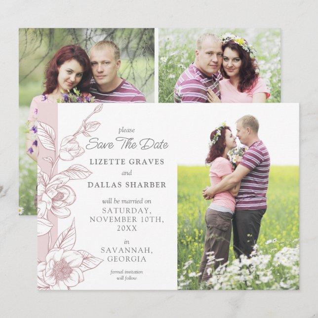 Save The Date Magnolia Blush Wedding 4-Photo Card (Front/Back)
