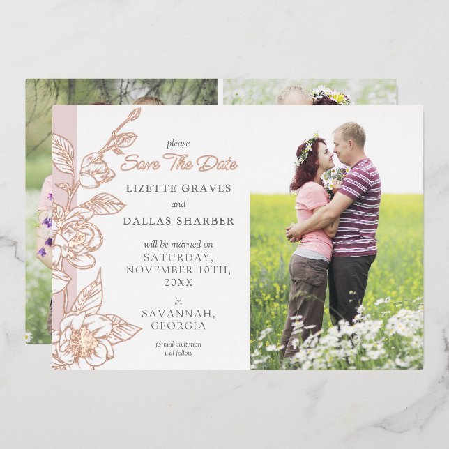 Save The Date Magnolia Blush Wedding 4-Photo Foil Invitation (Front/Back)