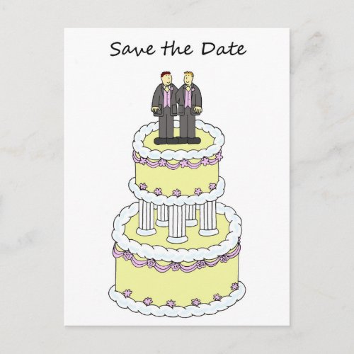 Save the Date Male Couple on a Cake Announcement Postcard