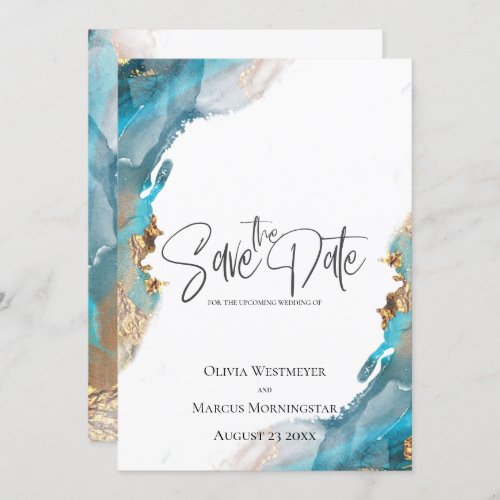 Save the Date Marbled Ink Turquoise and Gold Invitation