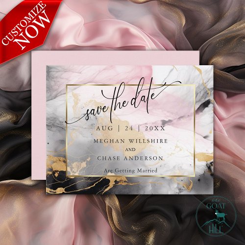 Save the Date  Marbled Rose Black Gold Abstract 