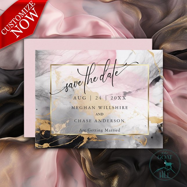 Save the Date  Marbled Rose Black Gold Abstract  (Easy to Customize )