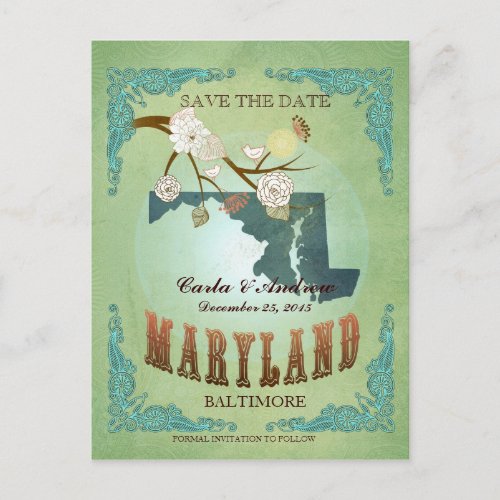 Save The Date _ Maryland Map With Lovely Birds Announcement Postcard