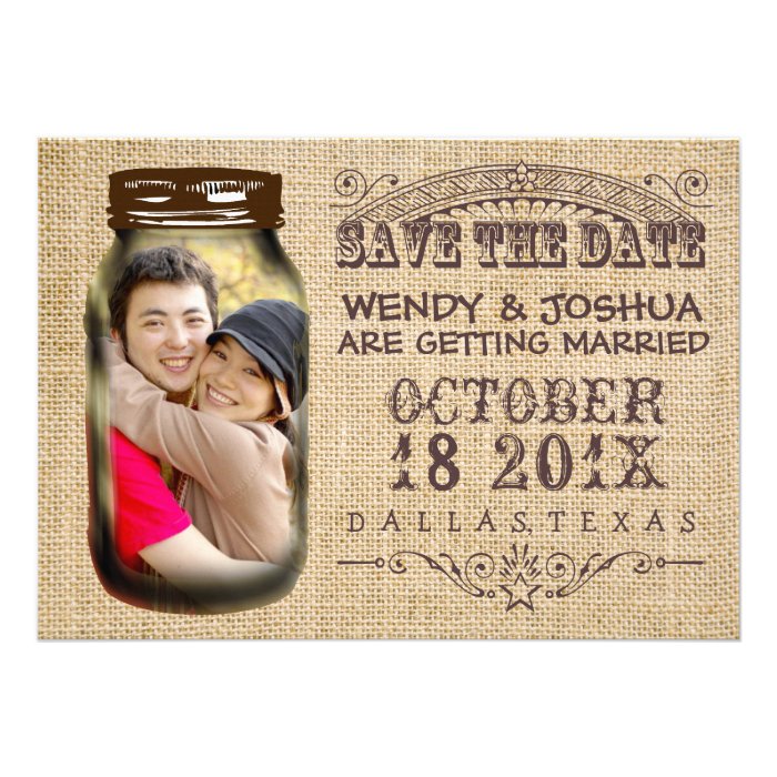 Save The Date Mason Jar Burlap Rustic Wedding Cards