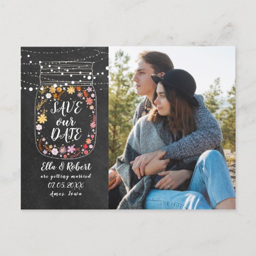 Save the Date Mason Jar String Lights Boho Photo Announcement Postcard