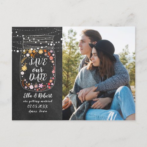 Save the Date Mason Jar String Lights Boho Photo Announcement Postcard