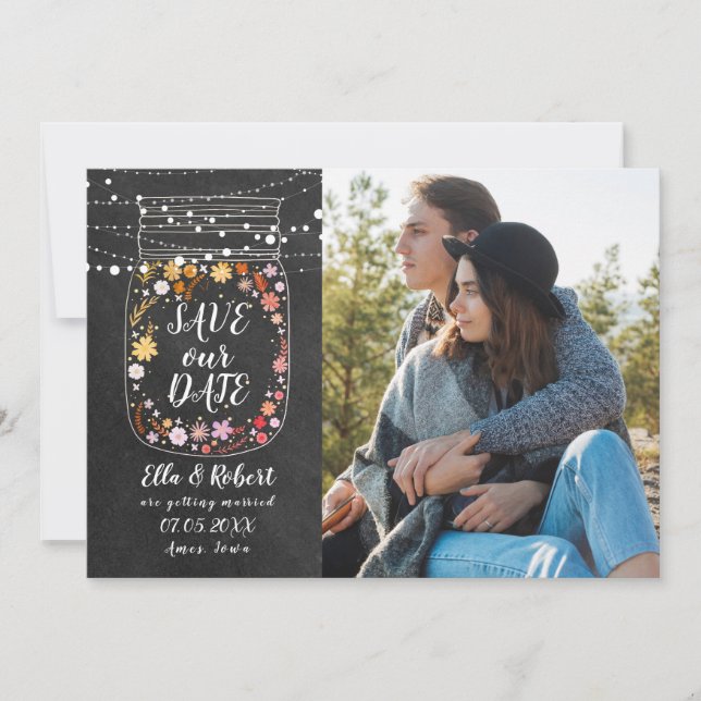 Save the Date Mason Jar String Lights Boho Photo Invitation (Front)