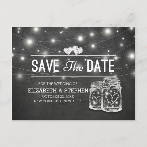 Save The Date Mason Jar String Lights Chalkboard A Announcement Postcard