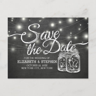 Save The Date Mason Jar String Lights Chalkboard Announcement Postcard