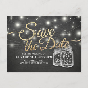 Save The Date Mason Jar String Lights Chalkboard Announcement Postcard