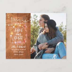 Save the Date Mason Jar String Lights Rustic Photo Announcement Postcard