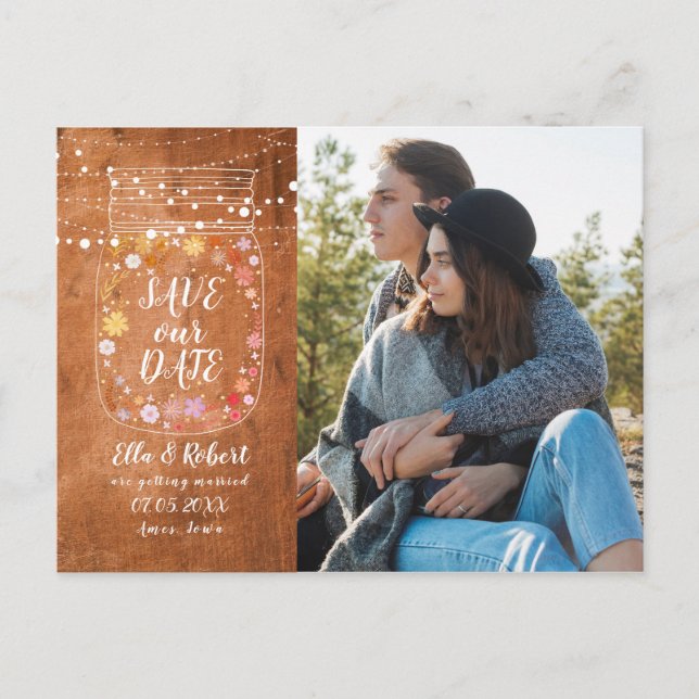 Save the Date Mason Jar String Lights Rustic Photo Announcement Postcard (Front)