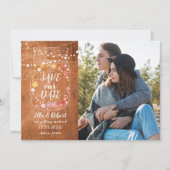Save The Date Mason Jar String Lights Rustic Photo Invitation by thisisnotmedesigns at Zazzle