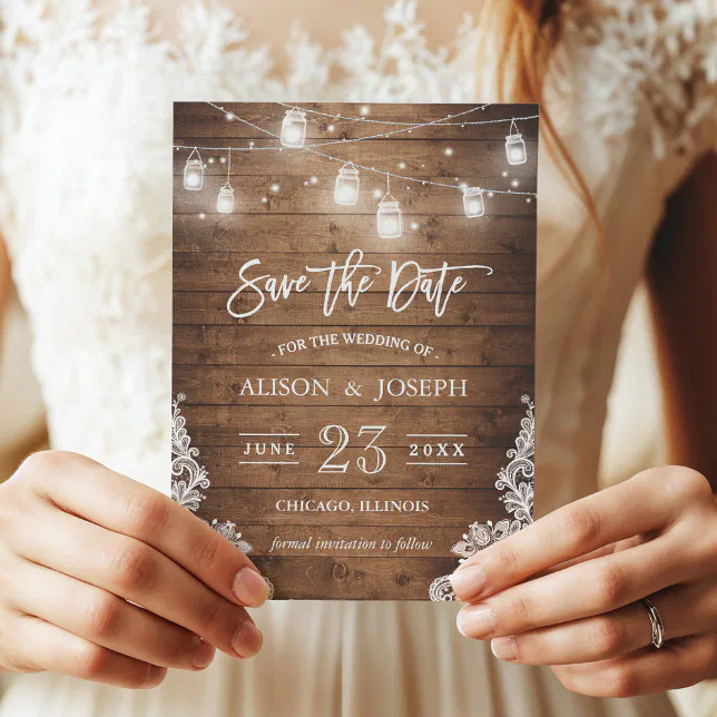 Save The Date Mason Jars Lights Rustic Wood Lace | Zazzle