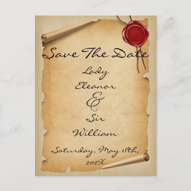 Save The Date Medieval Aged Scroll Wax Seal Postcard (Front)