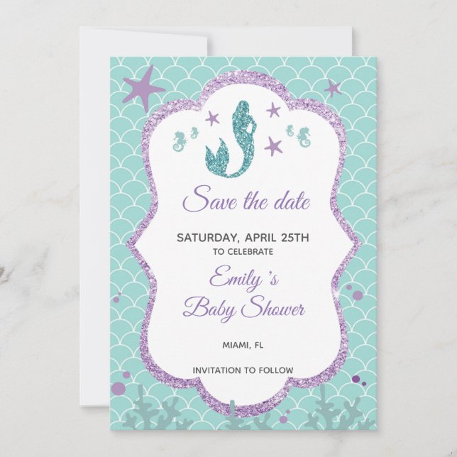 Save The Date Mermaid Glitter Purple Teal (Front)
