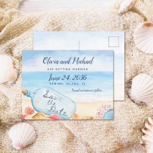 Save the Date Message In Bottle Beach Wedding Announcement Postcard