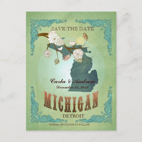 Save The Date _ Michigan Map With Lovely Birds Announcement Postcard