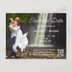 save the date minimalist script qr code photo announcement postcard