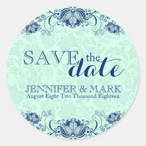Save The Date Mint_Green Damasks 2  Blue Lace Classic Round Sticker