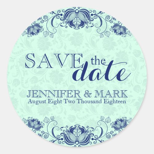 Save The Date Mint_Green Damasks  Blue Lace Classic Round Sticker
