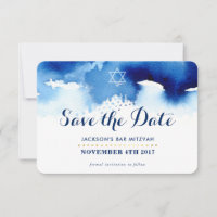 SAVE THE DATE MITZVAH modern star blue watercolor