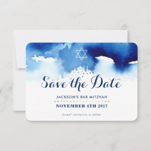 SAVE THE DATE MITZVAH modern star blue watercolor Thank You Card