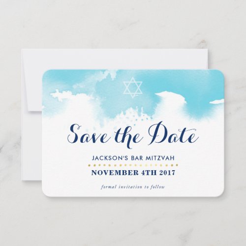 SAVE THE DATE MITZVAH modern star blue watercolor  Thank You Card