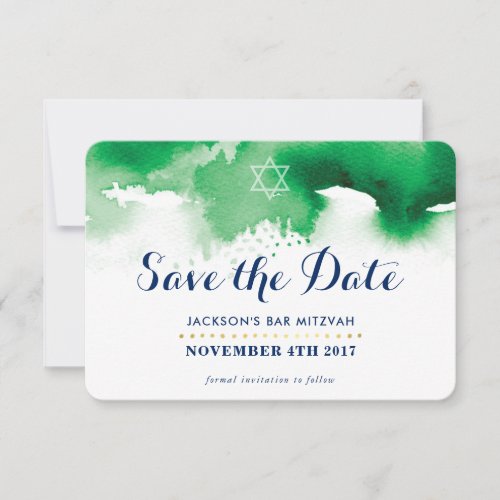 SAVE THE DATE MITZVAH modern star green watercolor Thank You Card