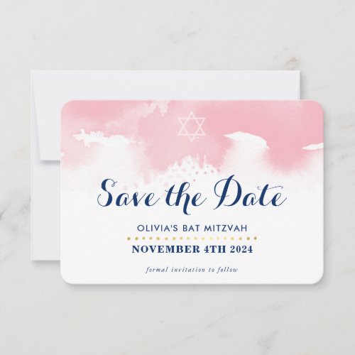 SAVE THE DATE MITZVAH modern star pink watercolor Thank You Card