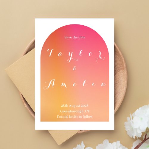 Save the Date Modern Boho Arch Pink Orange Invite 