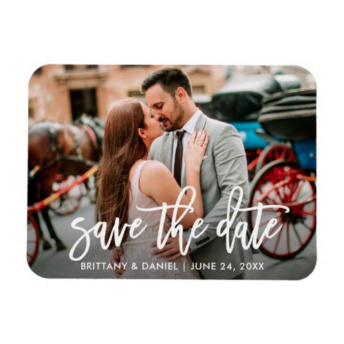 Save The Date Modern Brush Script Couple Photo Magnet