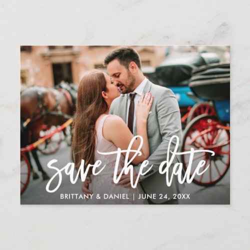 Save The Date Modern Brush Script Couple Photo Postcard