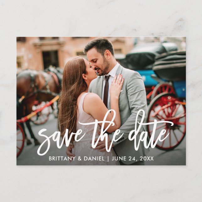Save The Date Modern Brush Script Couple Photo Postcard (Front)