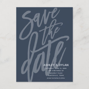 Save the Date Modern Brush Script Denim Blue Announcement Postcard
