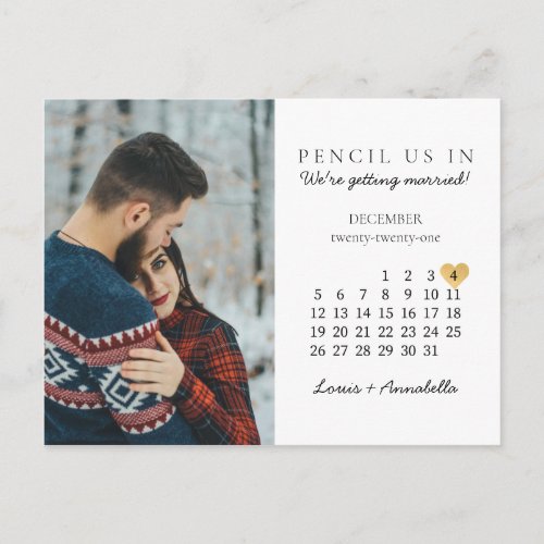 Save the Date Modern Calendar Gold Heart Dec 2021 Postcard