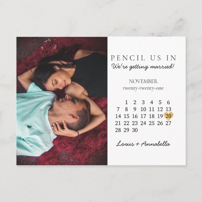 Save the Date Modern Calendar Gold Heart Nov 2021 Postcard (Front)