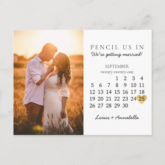 Save the Date Modern Calendar Gold Heart Sept 2021 Postcard (Front)