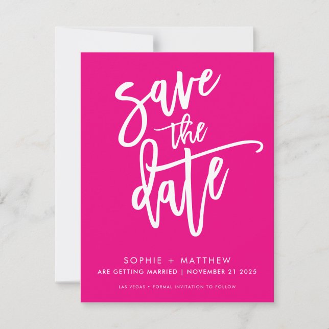 SAVE THE DATE modern calligraphy script hot pink (Front)