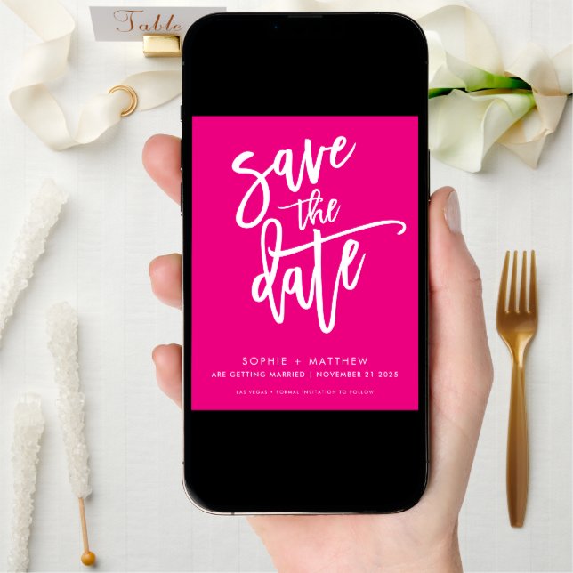 SAVE THE DATE modern calligraphy script hot pink (Front Digital)