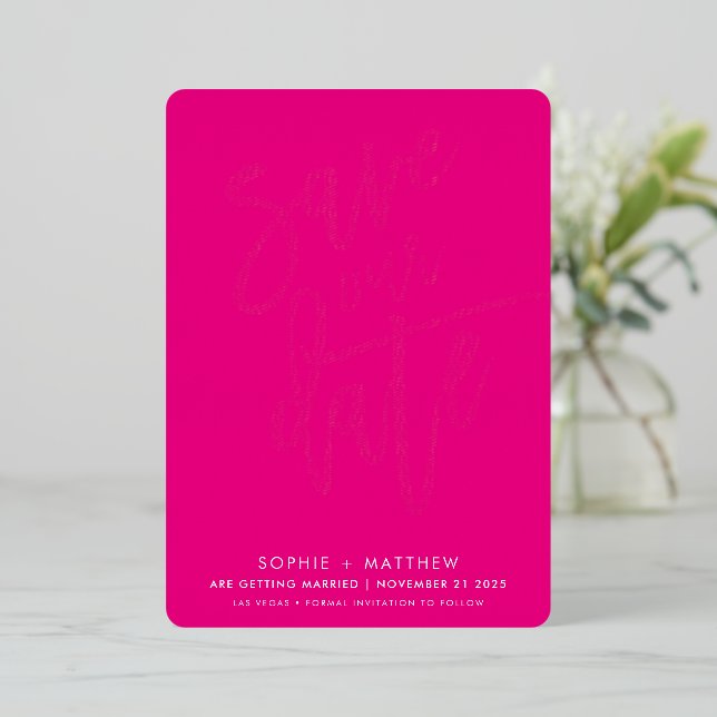 SAVE THE DATE modern calligraphy script hot pink Foil Invitation (Standing Front)