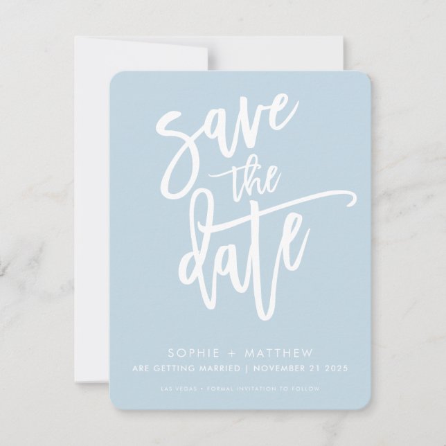 SAVE THE DATE modern calligraphy script pale blue (Front)