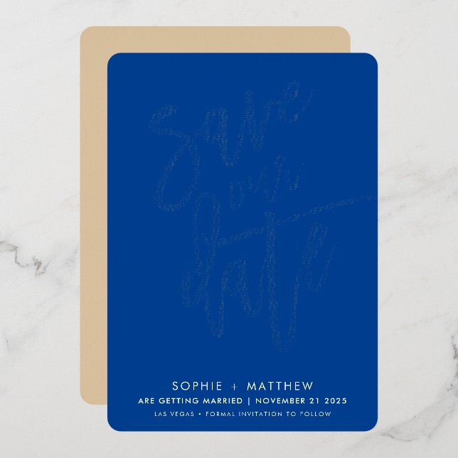 SAVE THE DATE modern calligraphy script royal blue Foil Invitation (Front/Back)