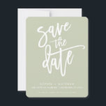 SAVE THE DATE modern calligraphy script sage green<br><div class="desc">by kat massard >>> https://linktr.ee/simplysweetpaperie <<< A modern design featuring hand lettered, brushed type for your SAVE THE DATE ANNOUNCEMENT. Setup as a template it is simple for you to personalize it - make it yours! >>> TIPS - Simply hit the "Customize it" button and add/change the text, fonts, colors...</div>
