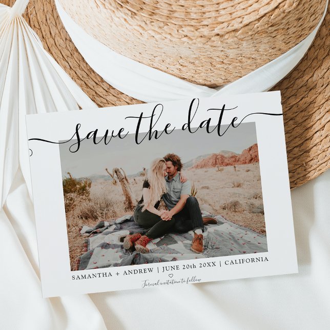 Save the date modern chic typography photo announcement postcard (Creator Uploaded)