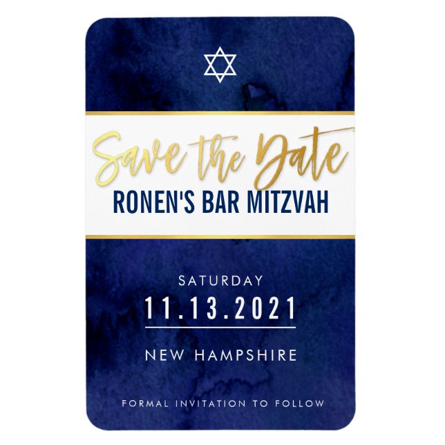 SAVE THE DATE modern dark blue gold bar mitzvah Magnet (Vertical)