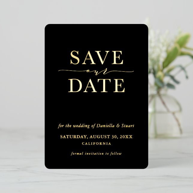 SAVE THE DATE modern elegant minimal Black Foil Invitation (Standing Front)