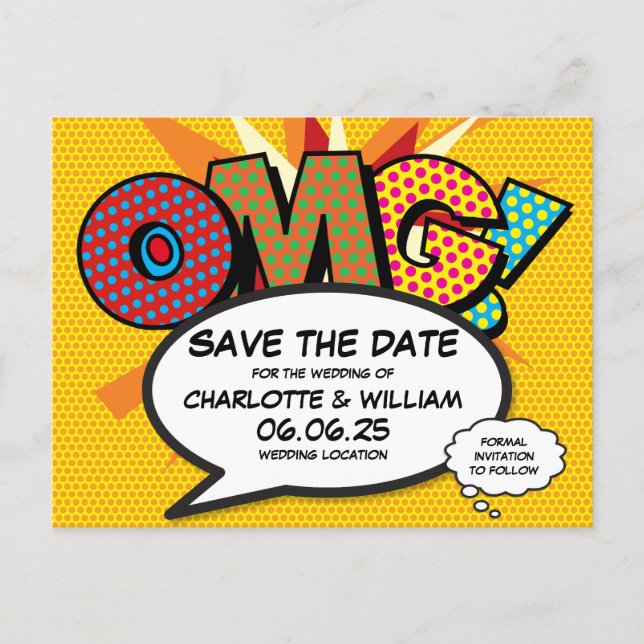 Save the Date Modern Fun Comic Book Announcement Postcard (Front)