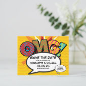 Save the Date Modern Fun Comic Book Announcement Postcard (Standing Front)