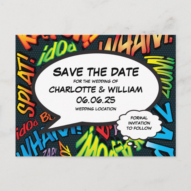 Save the Date Modern Fun Comic Book  Announcement Postcard (Front)